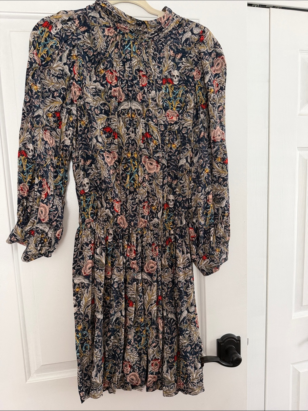 Zadig & Voltaire Navy Floral Long-Sleeve Midi Dress with Pink and Red Blooms